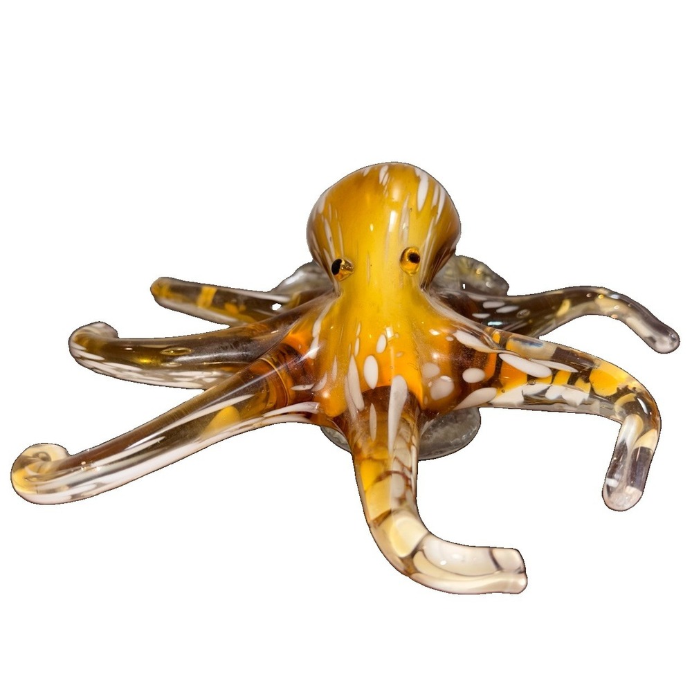 Vintage Hand Blown Art Glass Octopus Figurine Amber Gold White Spatter 8"